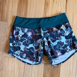 Oiselle Floral Athletic Shorts in Teal and Blue